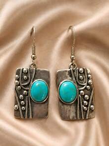 1 Pair Vintage Bohemian Style Women's Oval Stone Rectangular Pendant Earrings, Daily Party Jewelry - Antique Silver - View 4