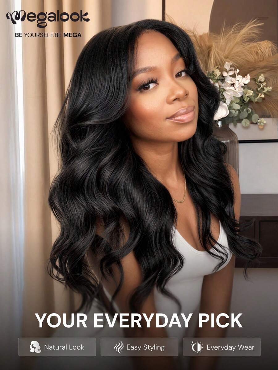 MEGALOOK 6"X6" Lace Front Wavy Human Hair Wig, Pre-Cut 6" Depth, Seamless No Glue, Pre-Bleached & Pre-Trimmed, Easy To Wear, 180% Density 6"X6" Lace Parting, Natural Color, Suitable For Beginners, Natural Look