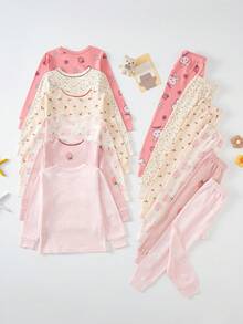 6 Sets 1 Set Random Floral Pattern Girls Cartoon Pure Cotton Underwear Set Cute Printed Medium Thick Long Sleeve Long Pants Loungewear Set Printed Thermal Top And Pants - Multicolor - View 2