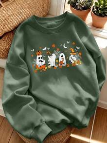 Women Crewneck Sweatshirt, Cute Ghost Pumpkin Halloween Graphic Loose Long Sleeve Pullover - Light Green - View 5