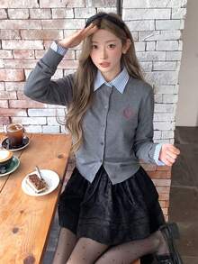 Women's 2-In-1 Striped Shirt & Knit Cardigan With Collar, Small Heart Embroidery, Slimming Thin Long Sleeve Jacket, Commuter Preppy Style - Grey - View 5