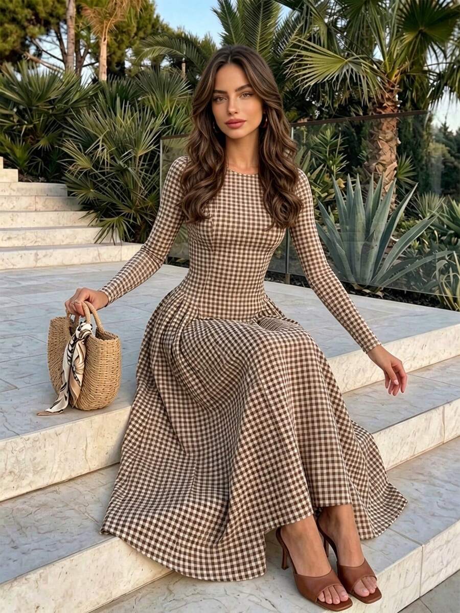 Dirp Noir Women's Autumn Vintage Plaid Round Neck Waist-Cinching Mid-Length Dress, Suitable For Commuting, Dating, Back-To-School Prom - Brown - View 1