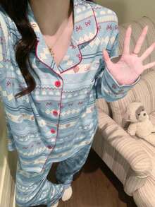 2pcs Women's Pajama Set, Lapel Cardigan Asymmetrical Print Long Sleeve, Suitable For All Seasons - Multicolor - View 6