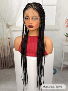 A ANYTIME Wig Lace Depan Kepang Kotak Hitam untuk Wanita, Wig Kepang Sintetis Lace Penuh, Rambut Kepadatan Tinggi untuk Pemakaian Sehari-hari - Hitam - View 4