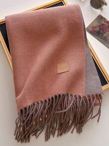 1pc Solid Color Faux Leather Label Tasseled Thick Scarf 65*190cm, Polyester Wool Blend, Fall Winter Shawl For Travel Party Outing, Wear As Scarf Shawl - Multicolor - View 19
