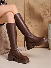 Autumn/Winter New Thick Sole Chunky Leg Tall Boots Elastic Non-Slip Shaft - Brown - View 7