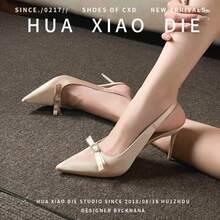 Women's Satin Pointed Toe Slingback Stiletto High Heels, Bow & Rhinestone Decor Backless Pumps, Elegant Party Wedding Shoes - Champagne - View 9