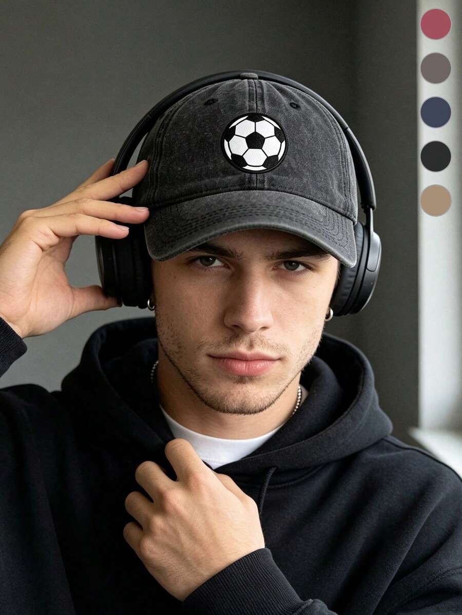 1/2pcs Unisex Multi-Color Distressed Washed Baseball Cap, Football Pattern Print, Adjustable Sweatband Sun Protection Vintage Casual Hat, Suitable For Outdoor