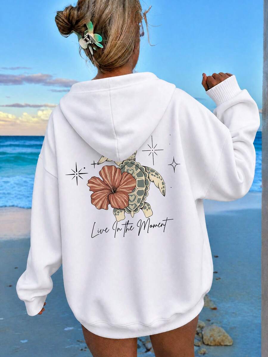 Women's Pullover Sweatshirt, Turtle & Floral Back Print, Loose Drop Shoulder Casual Sports Sweatshirt - White - View 1