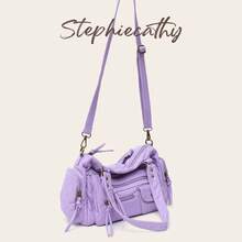 STEPHIECATHY 純色軟洗PU皮革拉鍊開合多口袋單肩斜跨包 女款中性復古休閒校園日常旅行風格 - 紫丁香色 - 查看 6