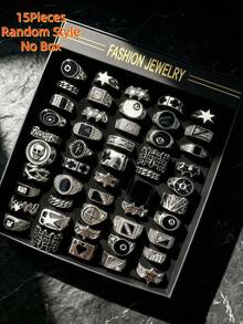 15pcs Unisex Vintage Punk Skull Geometric Cross Star Rings Set, Personalized Hip Hop Black Oil Drip Party Gift Daily Jewelry Accessories, Random Styles - 15pcs Mixed Vintage Punk Style Star Rings - View 8