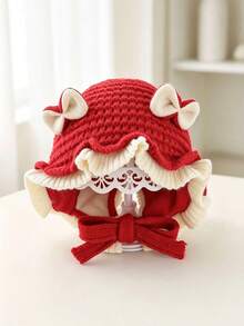 1pc Cute Bow Ruffle Knit Hat, Soft Thermal Lined Winter Tie Earflap Hat, Sweet Princess Style Girls Hat, Suitable For 0-3 Years Old - Multicolor - View 5