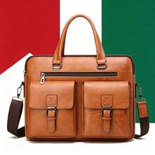 Maletín de Cuero para Hombre, Bolsa de Oficina con Compartimentos y Bandolera Ajustable - Caqui - Ver 2