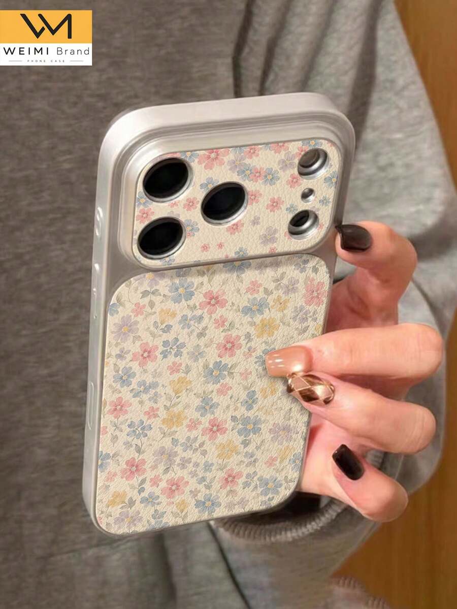 WeiMi 1pc Cute Pink & Blue Floral Pattern Full Coverage Button Classic Anti-Drop Metal Paint Premium Texture Soft Texture PU Leather Phone Case, Suitable As Birthday Gift, Holiday Gift For Friends, Family, Couples, Yourself, Compatible With IPhone 17/16/15/14/13/12/11 Series - Multicolor - View 1