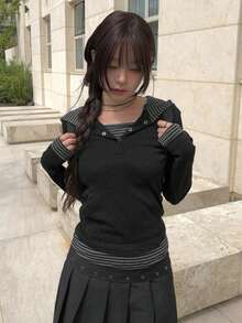 Striped Patchwork Design 2 In 1 Button Hooded Long Sleeve T-Shirt - Black - View 2