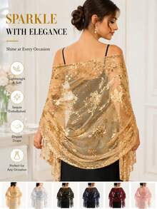 Sequin Floral Shawl Scarf, Women's Shiny Sheer Mesh Wedding Shawl, Suitable For Evening Gowns And Party Events - Multicolor - View 1