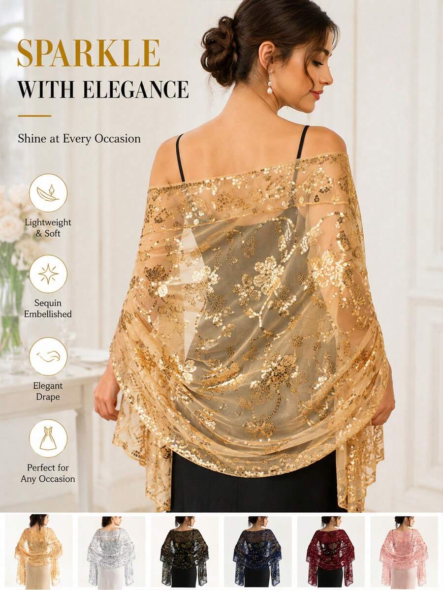 Sequin Floral Shawl Scarf, Women's Shiny Sheer Mesh Wedding Shawl, Suitable For Evening Gowns And Party Events - Multicolor - View 1