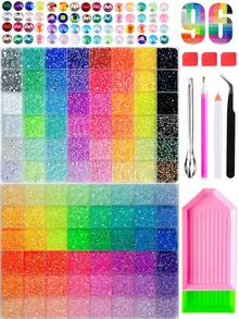 2 Boxes 96 Colors Glitter Rhinestone Set, 3D Resin Round Rhinestone Diamond Painting Drills, With Complete DIY Tools: Rhinestone Scoop, Diamond Painting Pen, Bent Tweezers, Green And Pink Trays, Suitable For Handmade Crafts, Nail Art, Phone Case Decoration And DIY Projects - Multicolor - View 1