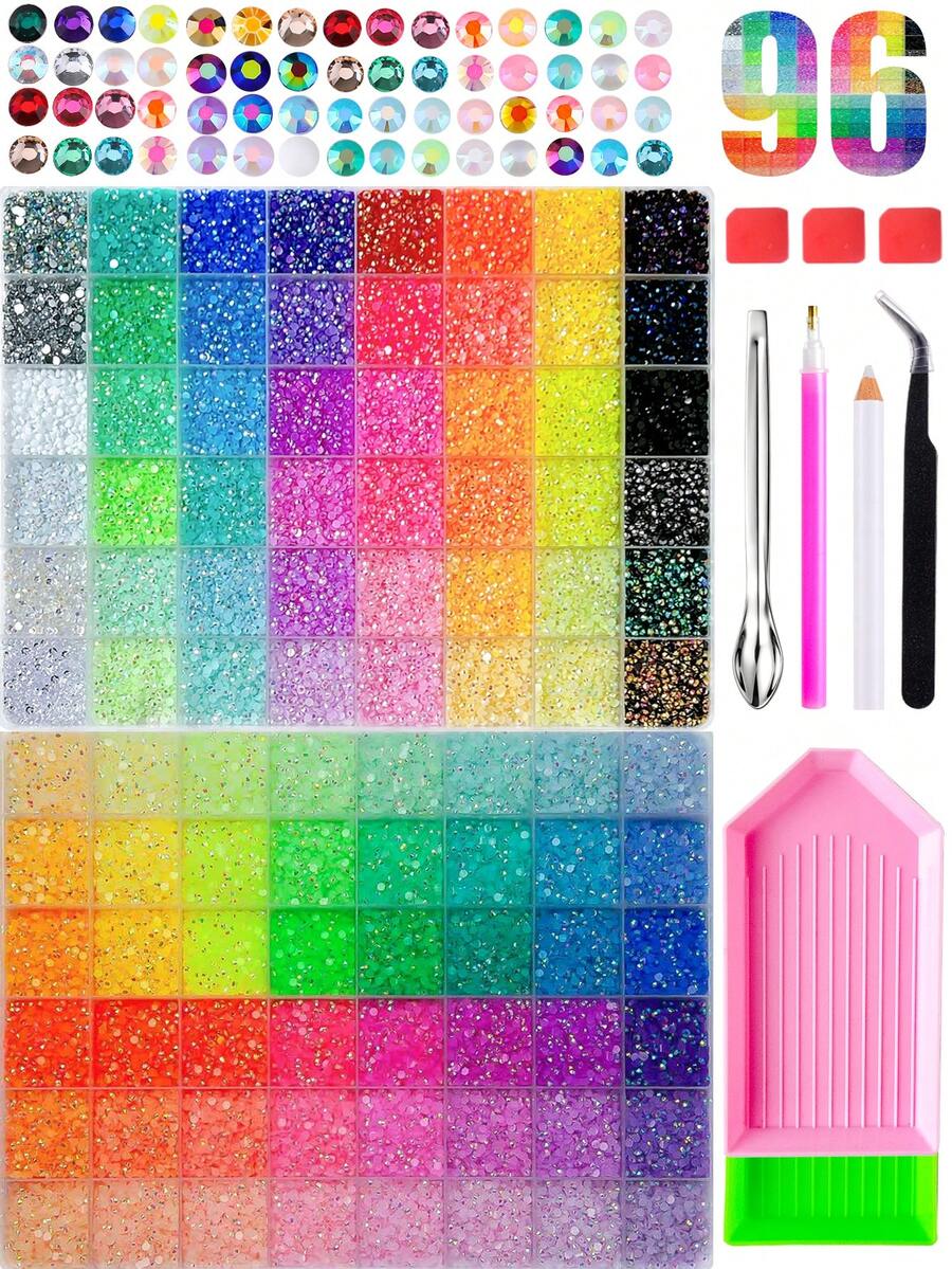 2 Boxes 96 Colors Glitter Rhinestone Set, 3D Resin Round Rhinestone Diamond Painting Drills, With Complete DIY Tools: Rhinestone Scoop, Diamond Painting Pen, Bent Tweezers, Green And Pink Trays, Suitable For Handmade Crafts, Nail Art, Phone Case Decoration And DIY Projects - Multicolor - View 1