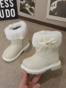 1雙女嬰蝴蝶結裝飾毛絨內裡保暖舒適平底短靴雪地靴，適合秋冬穿著 - 米色 - 查看 6