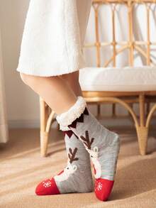 1 Pair Women's Fuzzy Socks, Thick Fleece Mid-Calf Socks, Autumn/Winter Christmas Gift For Women - Light Grey - View 2