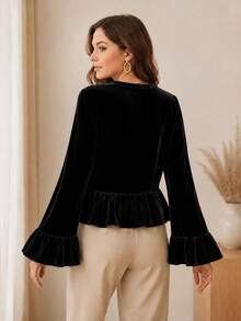 Jotten Women's Velvet Bell Sleeve Ruffle Hem Top, Elegant Semi-High Neck Lace Trim Long Sleeve Blouse - Black - View 5