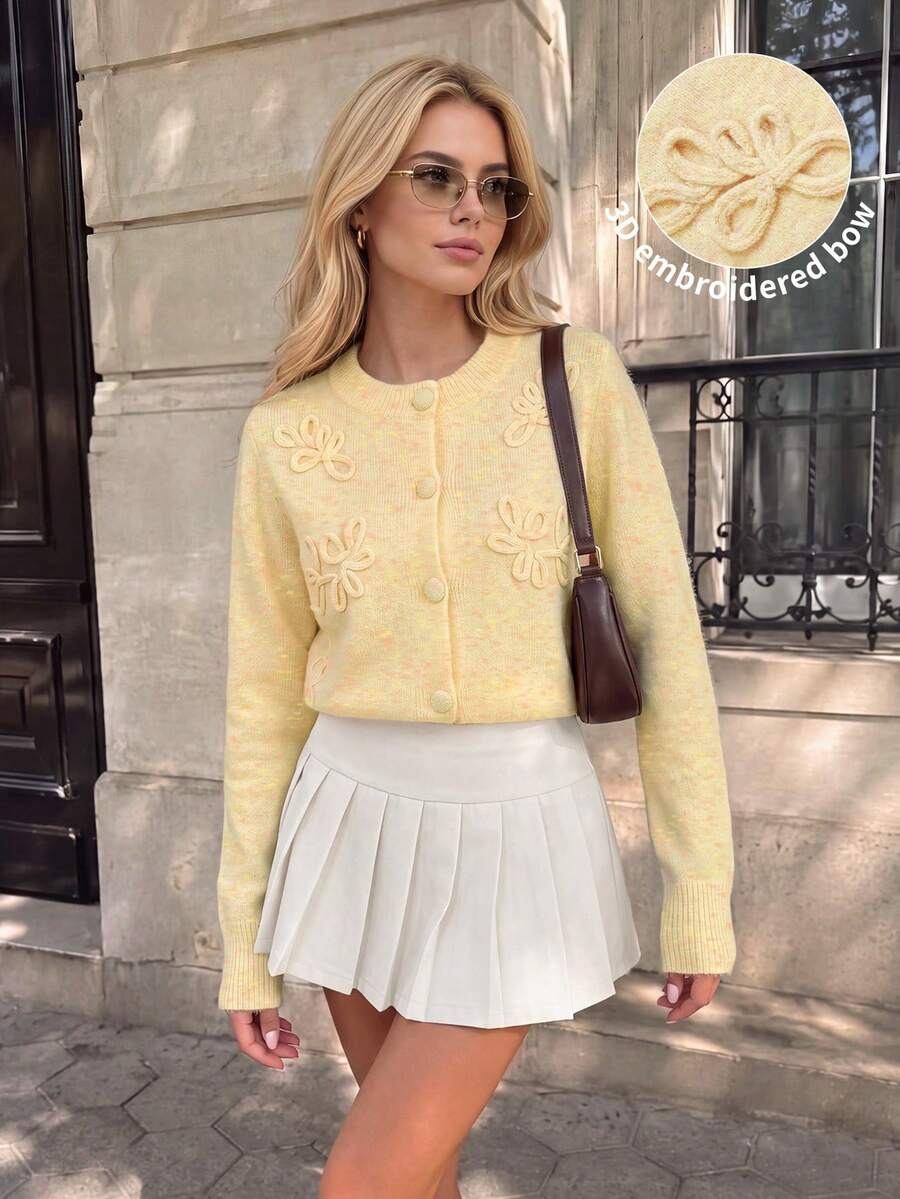 Nicenter Women's Fall Winter 3D Floral Button Front Long Sleeve Wool Blend Knit Cardigan Sweater, Cozy Casual Simple For Office Daily Home Date - Apricot - View 1