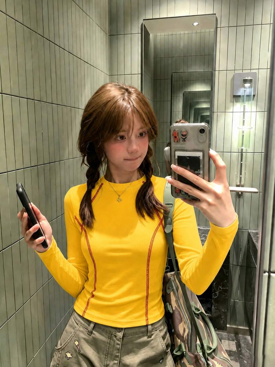 Niche Solid Color American Sports Slim Fit Cropped T-Shirt For Women, Autumn Round Neck Unique Design Y2K Top - Yellow - View 1