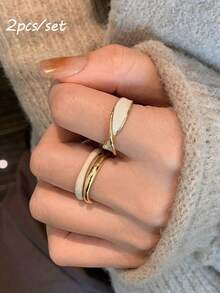 rundraw 2pcs Set Luxury Copper Plated Gold Cross Double Layer Glazed Open Ring, Couple/Best Friends Gifts, Daily Wear - Multicolor - View 2