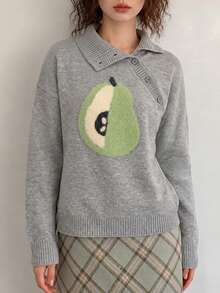 Women's Autumn/Winter Casual Cute Fluffy Pattern Asymmetric Placket Pullover Sweater - Grey - View 3