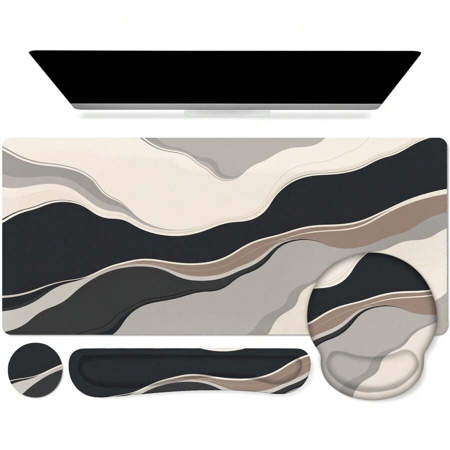 4pcs Minimalist Abstract Desk Mat, 4 Styles Available, Modern Ink Flow, Sage Arch, Sunset Line And Geometric Pattern Large Extended Mouse Pad, Non-Slip Rubber Base, Stitched Edge Keyboard Mat For Office, Home, Study, Computer Desk Decor - View 1