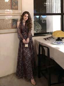 Women's Elegant Sexy Modern Long Sleeve Printed Off-Shoulder Dress With Custom Belt, Fashionable Flared Slimming Design - Coffee Brown - View 6