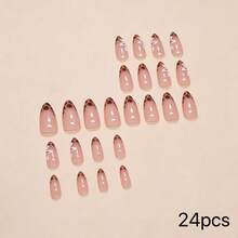 24pcs Long Almond Shape Flower Nails And Leopard Print Nails, Minimalist French Style Nail Tips, Long Almond Fake Nails Set - Multicolor - View 9