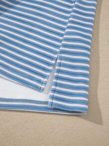 Acelitt Spring/Autumn Casual Striped Print Loose Round Neck Top And Shorts Set, Soft Knit, Suitable For Daily Home Wear - Sky Blue - View 7