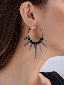 1 Pair Punk Style Spiky Tassel & Black Bead Hoop Earrings, Best Accessory For Concerts, Parties, Daily Wear And Street Rock - Gun Black - View 7