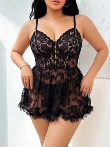 Plus Size Adjustable Strap Floral Lace Slip Nightgown, Sheer Mesh Ruffle Hem, Suitable For Honeymoon And Romantic Bedroom Night Scenes - Black - View 2