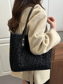 大容量 PU 肩背手提包 跨境豹紋女包 時尚歐美風 母女款 2 件組 通勤托特包 返校大包 - 黑色 - 查看 7