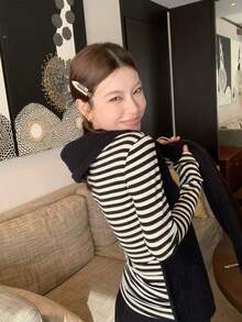 Women's Ribbed Slim Fit Half-Neck T-Shirt - Black and White Stripes - View 6