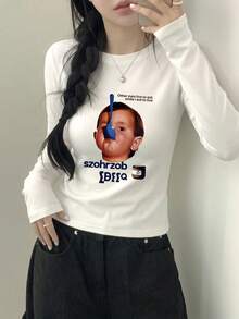 New Gen Z Y2K Short Long Sleeve T-Shirt Women's Fun Print Spring Autumn Korean Style Round Neck Versatile Casual Slim Fit Top - White - View 3