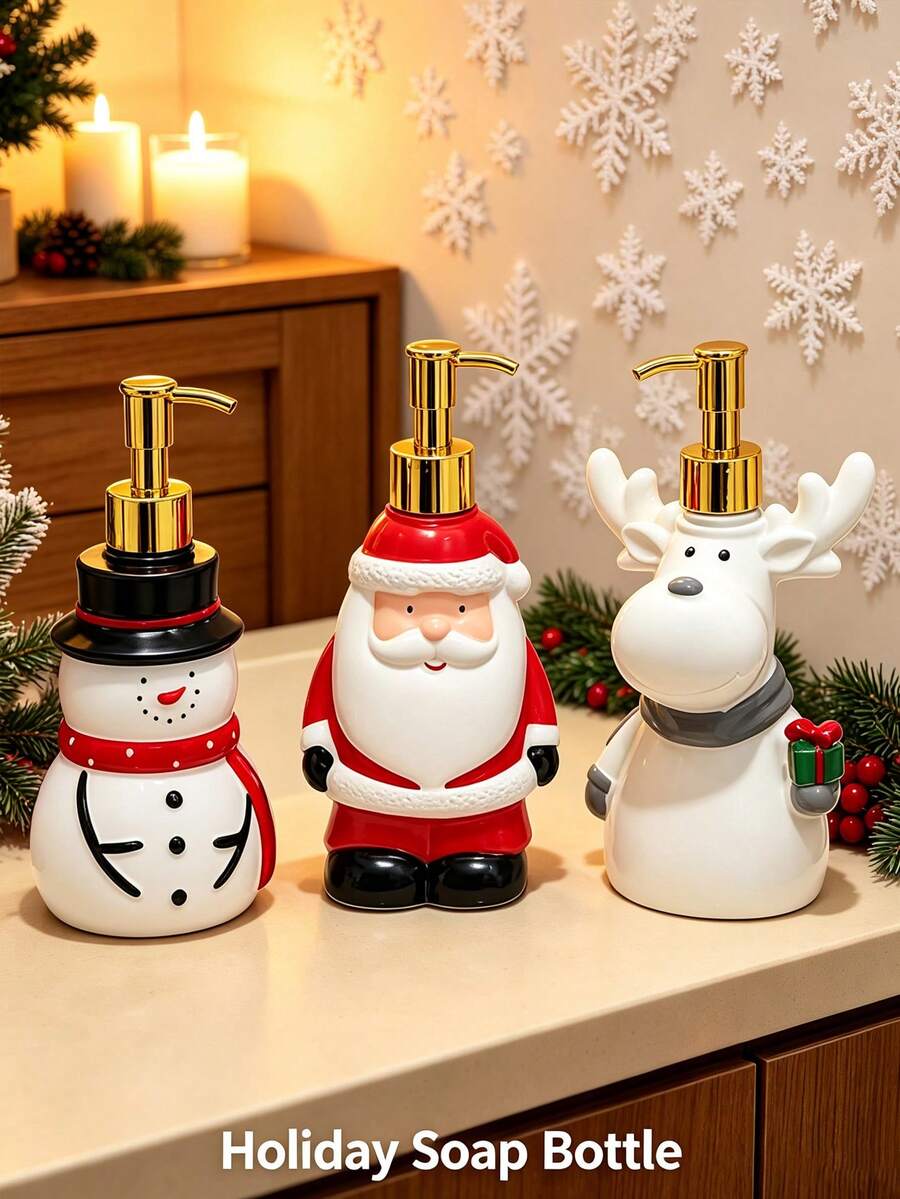 Christmas Santa Claus Painted Liquid Dispenser Bottle, Suitable For Bathroom Hand Soap, Shampoo, Body Wash, Conditioner Refillable Pump Bottle - Multicolor - View 1
