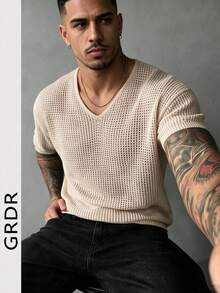 GRDR Men's Summer V-Neck Short Sleeve Knit Sweater, Perfect For Summer Outings, Essential Fashion Piece - Apricot - View 5