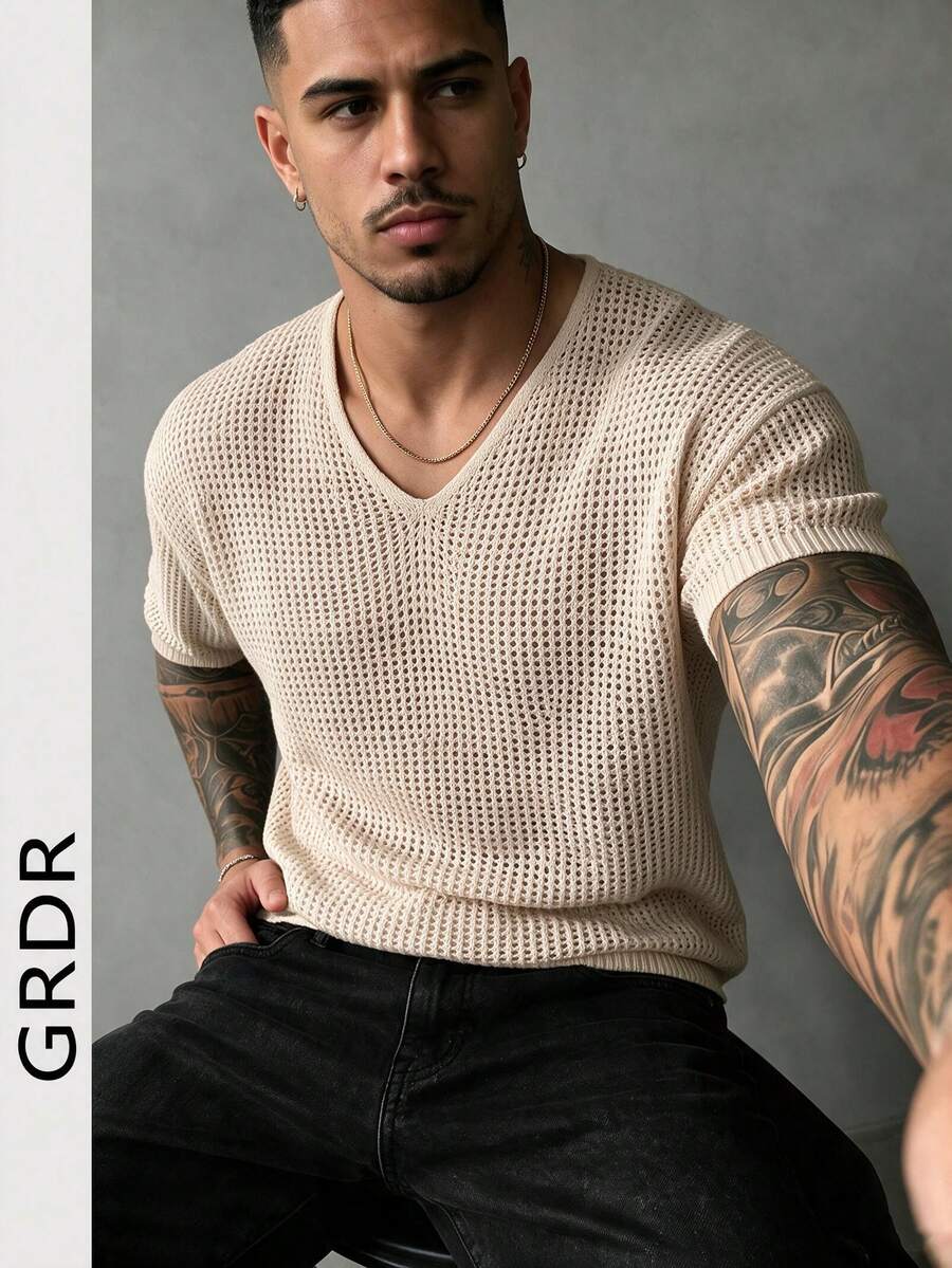GRDR Men's Summer V-Neck Short Sleeve Knit Sweater, Perfect For Summer Outings, Essential Fashion Piece