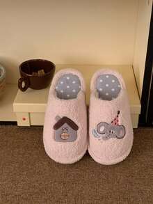 XIXITIAO Cute Hat Elephant Color‑Block Couple House Slippers, Winter Warm Closed‑Toe Plush Slippers With Soft Sole For Fall & Winter Indoor Use - Pink - View 1