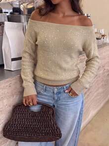 Live To Mo Autumn Y2K Women's Casual Open Shoulder Knit Top, Fashionable Sequin Sweater, Suitable For Back To School And Daily Wear - Khaki - View 4