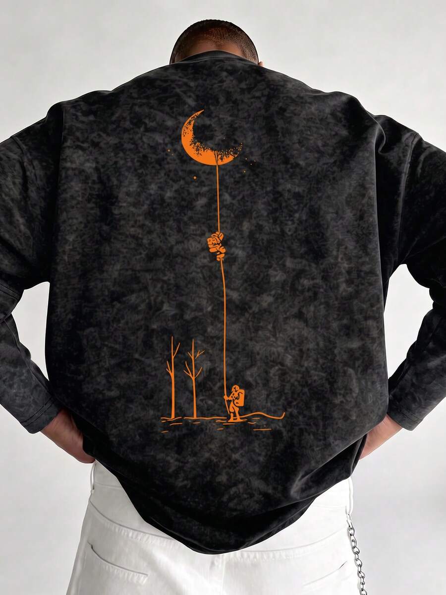 Men's Spring/Autumn Fashion Versatile Moon Astronaut Print Crew Neck Faux Washed Long Sleeve T-Shirt - Black - View 1
