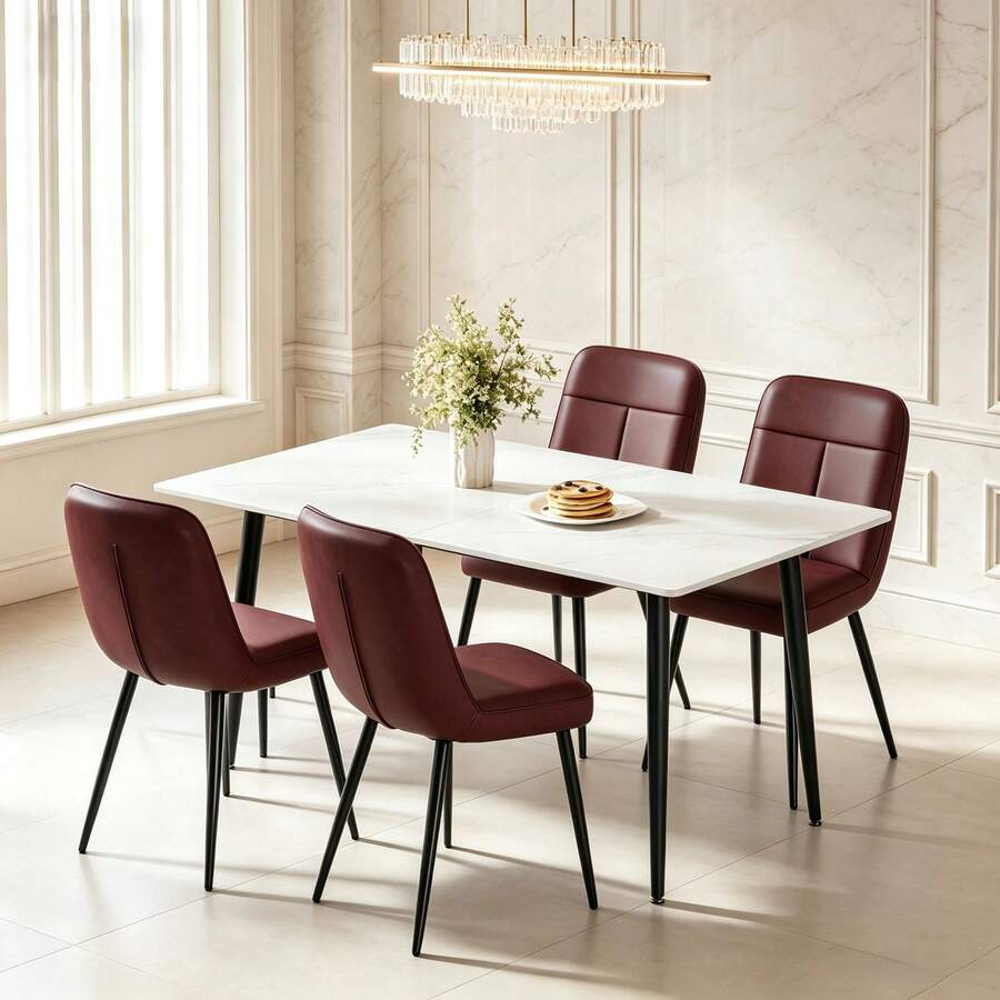 Dining Table And Chairs Set Of 4, 120cm Marble Effect Dining Table With 4 Faux Leather High Back Dining Chairs, Modern Dining Table Set For Dining Room Kitchen - White Table + Brown PU Chair - View 1