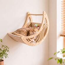 Crescent Moon Cat Hammock, Cat Wall Perch, Wall-Mounted Cat Furniture, Solid Pine Wood Material, Sturdy And Stable Cat Wall Shelf For Sleeping, Playing, Climbing And Resting - Apricot - View 2