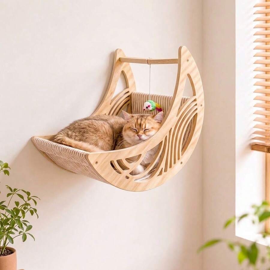 Crescent Moon Cat Hammock, Cat Wall Perch, Wall-Mounted Cat Furniture, Solid Pine Wood Material, Sturdy And Stable Cat Wall Shelf For Sleeping, Playing, Climbing And Resting
