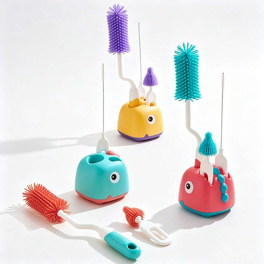 Bottle Brush Tea Cup Multi-Function Standing Brush Silicone Nipple Brush Set Cup Brush 3-In-1 Straw Brush - Multicolor - View 1