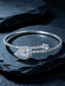 1pc Luxury Water Drop Zirconia Leaf Cross Elastic Open Bangle, Women's Daily Jewelry Accessory Full Rhinestone Silver Adjustable Bracelet For Party, Banquet, Dress, Versatile - Silver - View 3